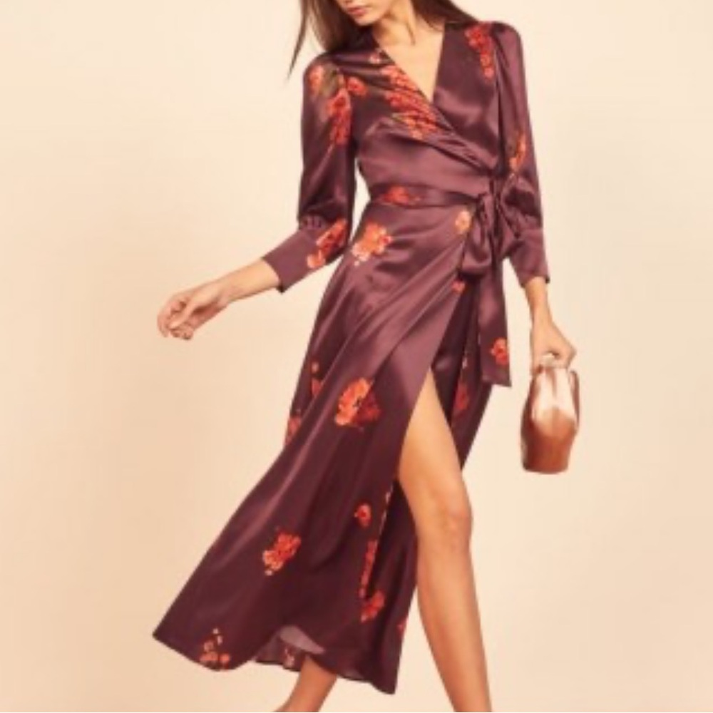 Reformation Merrick silk wrap floral dress burgundy small